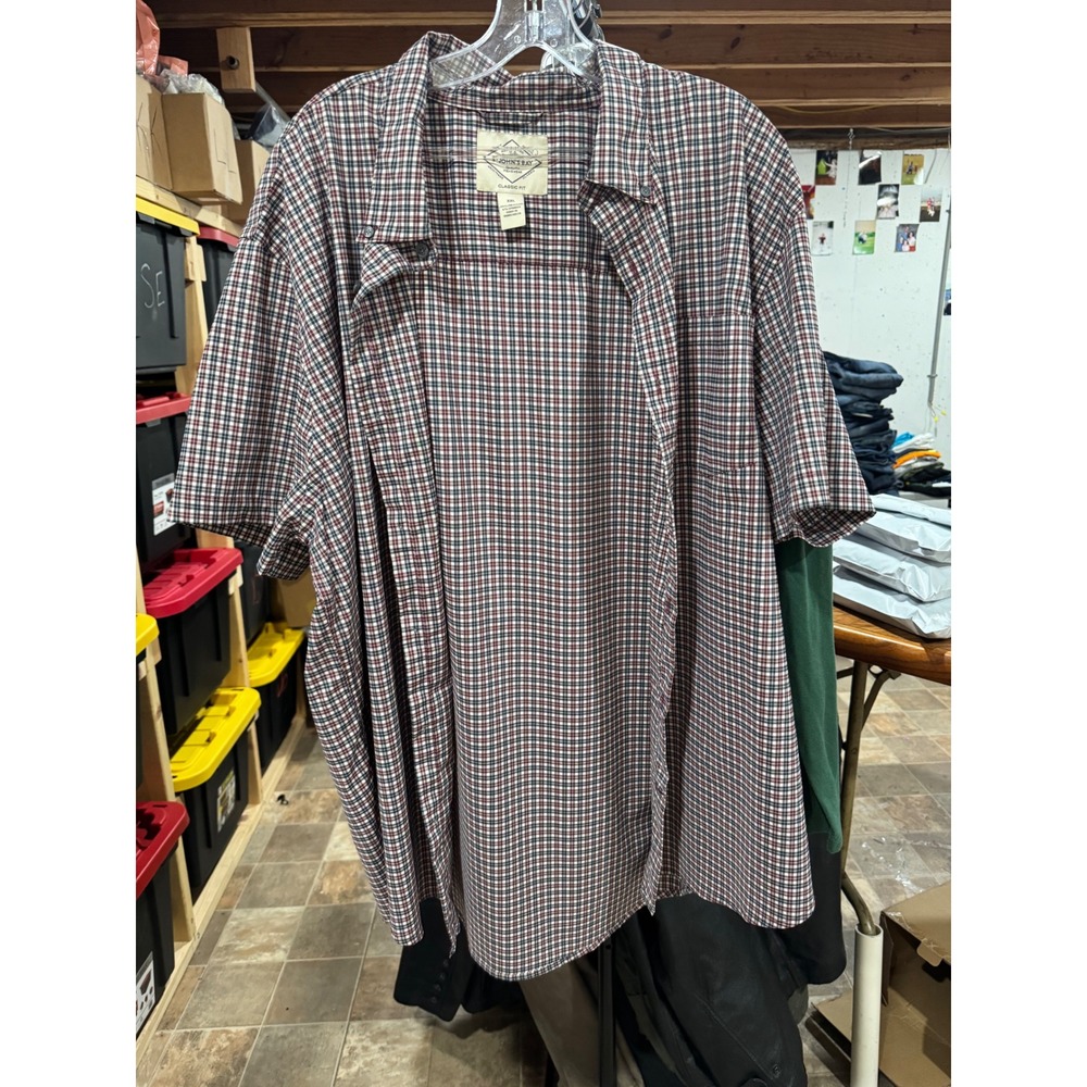 St Johns Bay Mens XXL Classic Fit Short Sleeve Button Down Plaid Shirt Burgundy